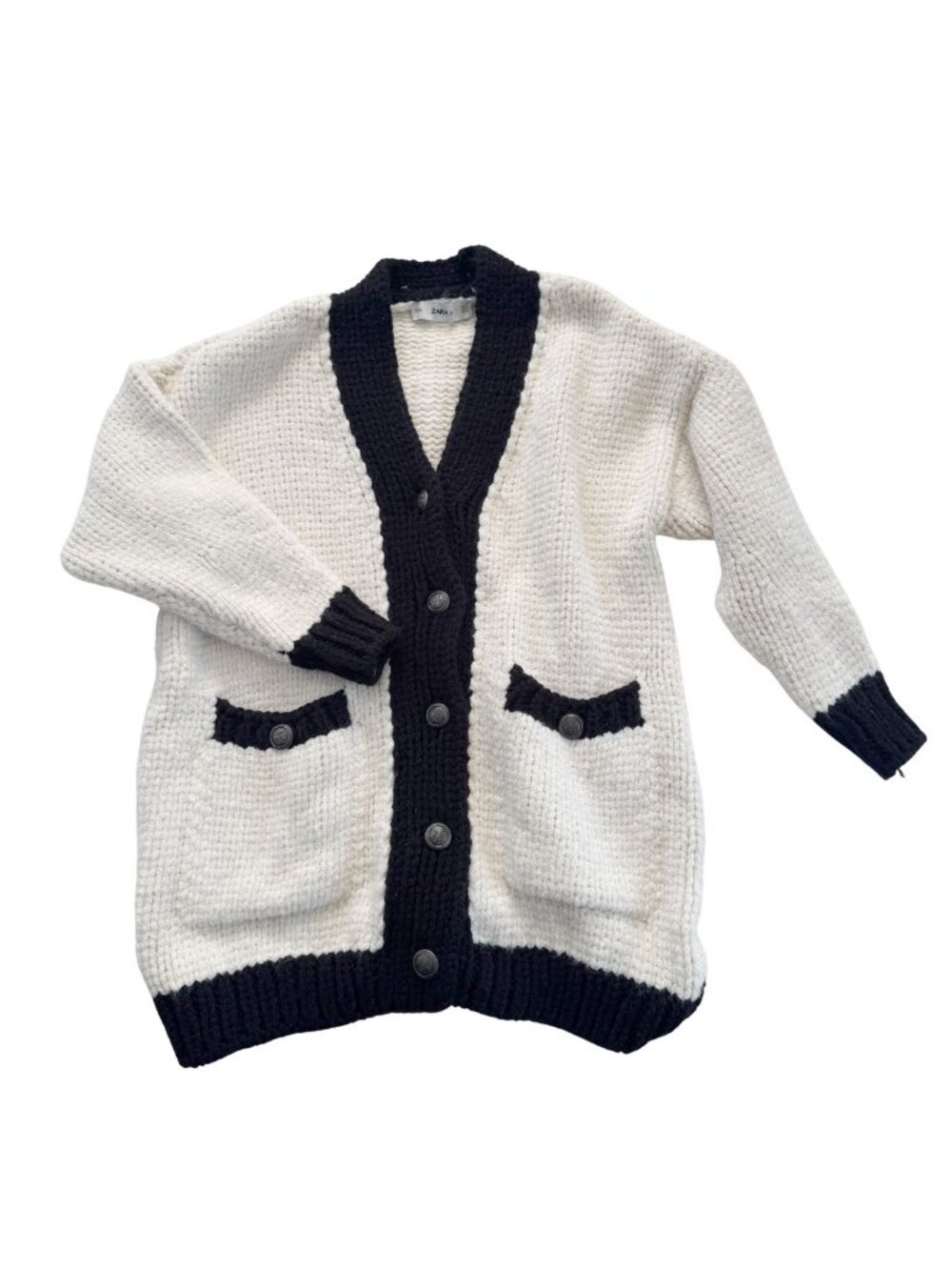 ZARA Chunky Oversized Knit Cardigan White Black Contrast Trim - Picture 2 of 13